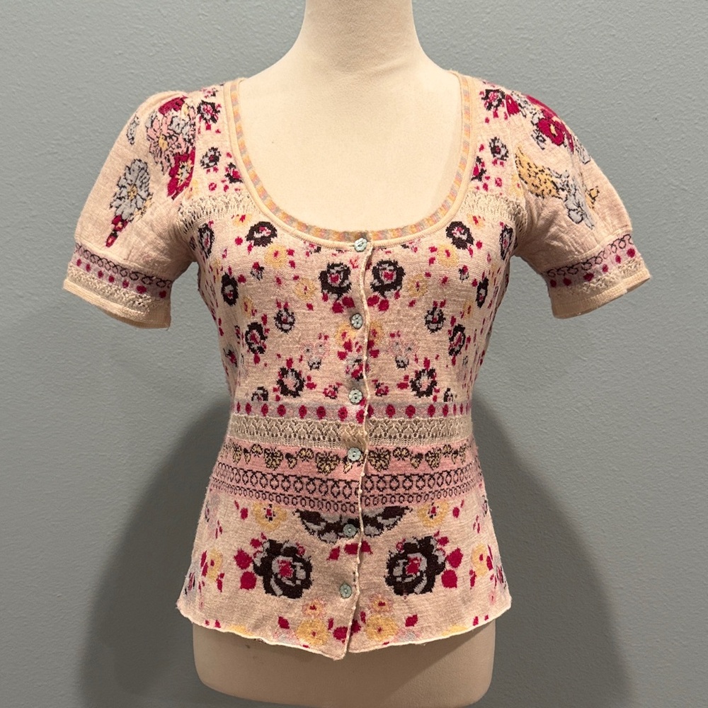 Anthropologie Moth Floral Knit Short Sleeved Wool Blend Cardigan Small